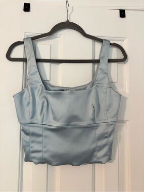 Aritzia Wilfred Shine Bustier Top/Satin Square-Neck Crop Top in Powder Blue